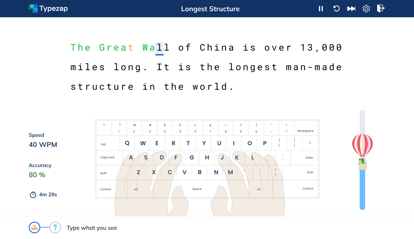 Typing screen with learning